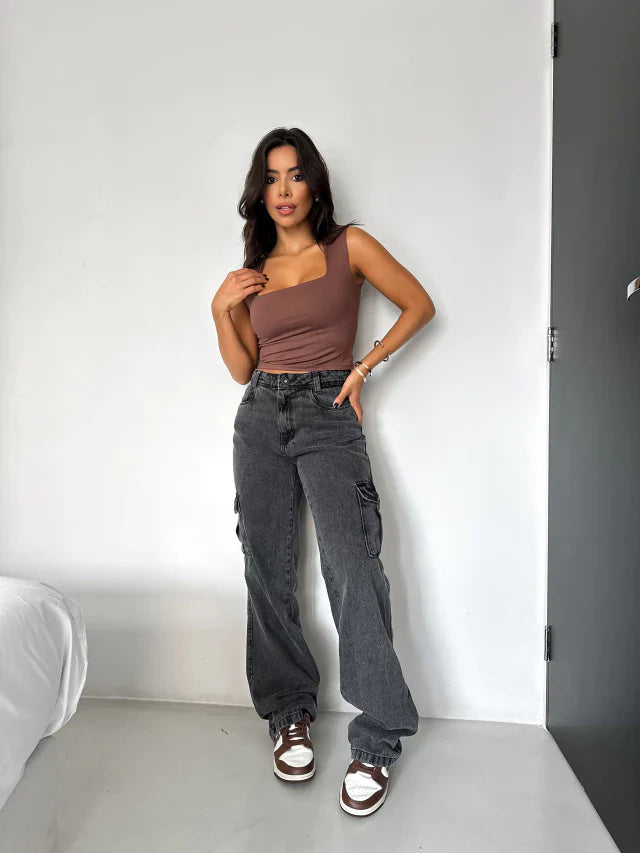 Calça Jeans Wide Leg Cargo Estonada